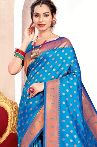 Sky blue paithani silk blend saree with peacock motif pallu