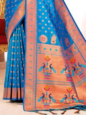 Sky blue paithani silk blend saree with peacock motif pallu 3