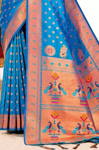 Sky blue paithani silk blend saree with peacock motif pallu
