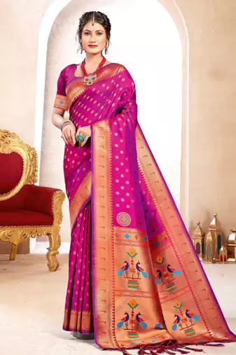 Magenta paithani silk blend saree with peacock motif pallu