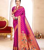 Magenta paithani silk blend saree with peacock motif pallu