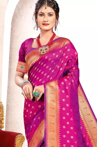 Magenta paithani silk blend saree with peacock motif pallu