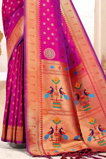 Magenta paithani silk blend saree with peacock motif pallu