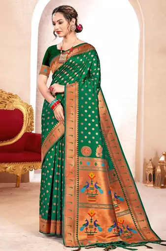 Bottle green paithani silk blend saree with peacock motif pallu