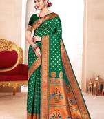 Bottle green paithani silk blend saree with peacock motif pallu