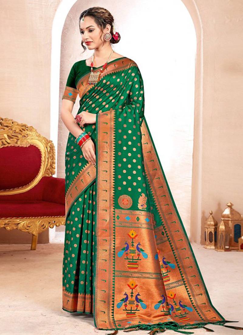 Bottle green paithani silk blend saree with peacock motif pallu
