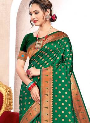 Bottle green paithani silk blend saree with peacock motif pallu 2