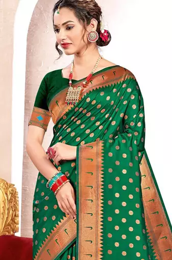 Bottle green paithani silk blend saree with peacock motif pallu