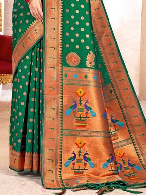 Bottle green paithani silk blend saree with peacock motif pallu 3
