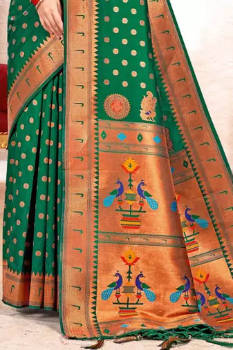 Bottle green paithani silk blend saree with peacock motif pallu