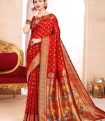 Red paithani silk blend saree with peacock motif pallu