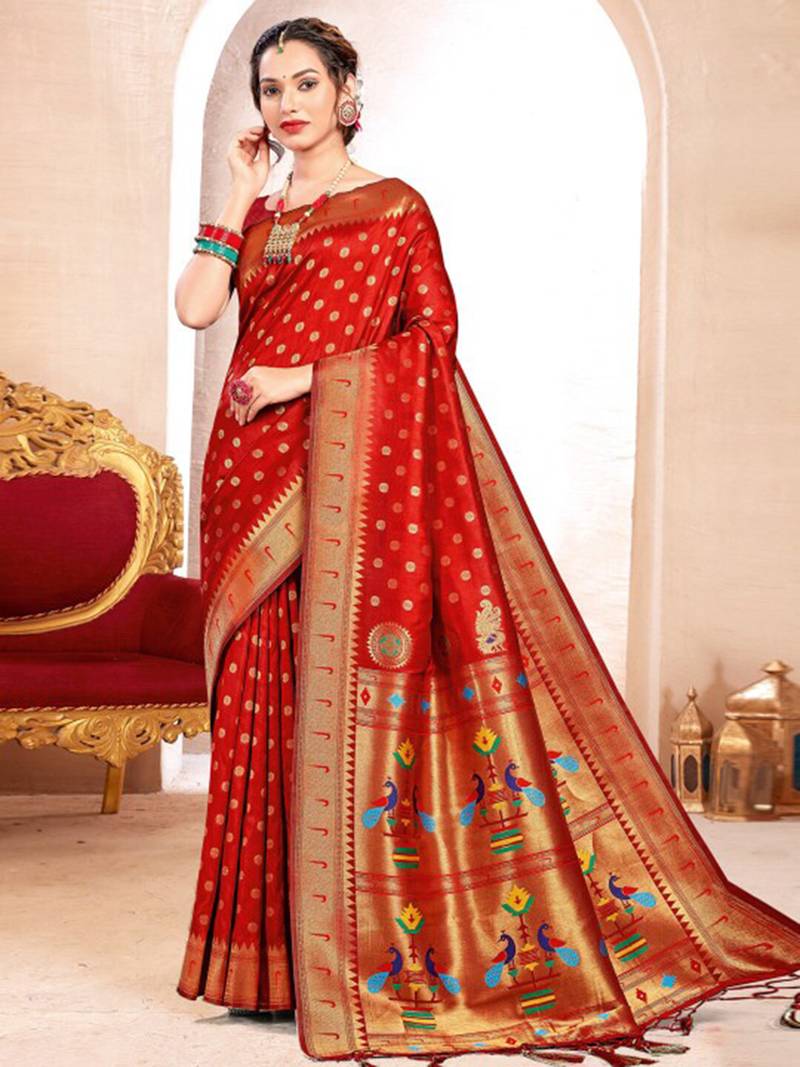 Red paithani silk blend saree with peacock motif pallu