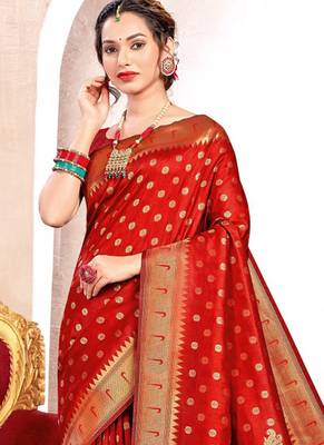 Red paithani silk blend saree with peacock motif pallu 2