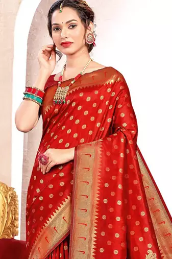 Red paithani silk blend saree with peacock motif pallu