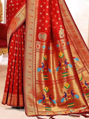 Red paithani silk blend saree with peacock motif pallu 3