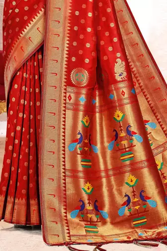 Red paithani silk blend saree with peacock motif pallu