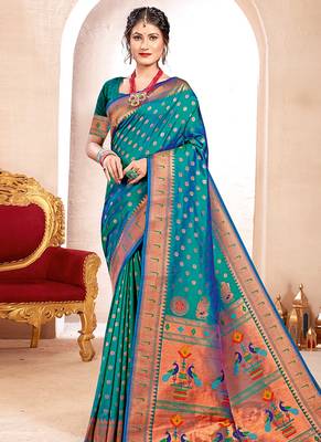 Sea green paithani silk blend saree with peacock motif pallu 1