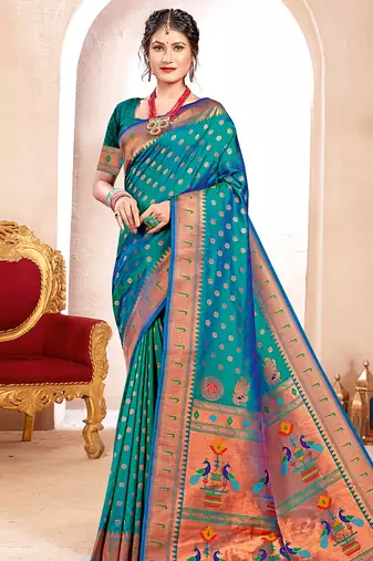 Sea green paithani silk blend saree with peacock motif pallu