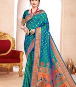 Sea green paithani silk blend saree with peacock motif pallu