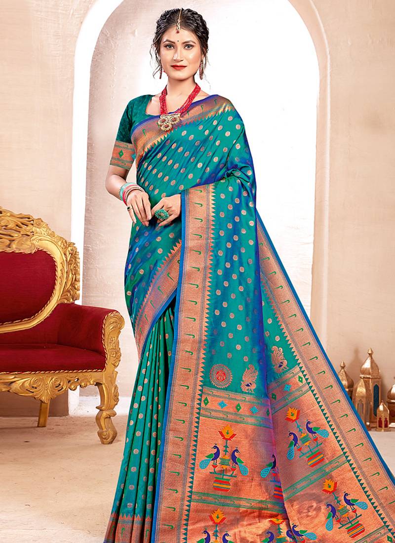 Sea green paithani silk blend saree with peacock motif pallu