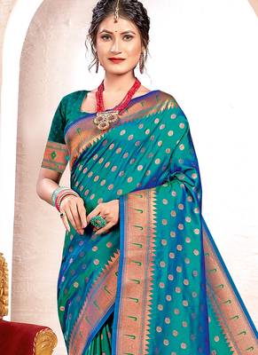 Sea green paithani silk blend saree with peacock motif pallu 2