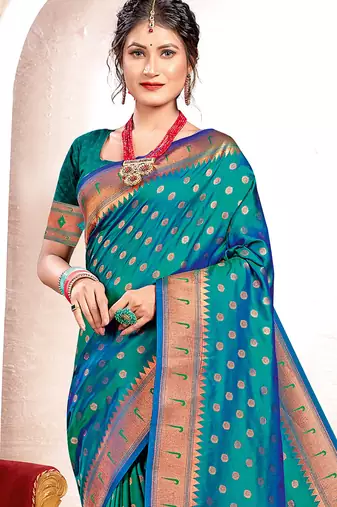 Sea green paithani silk blend saree with peacock motif pallu