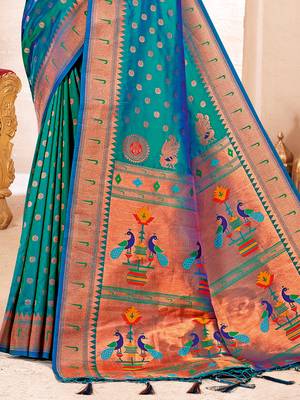 Sea green paithani silk blend saree with peacock motif pallu 3