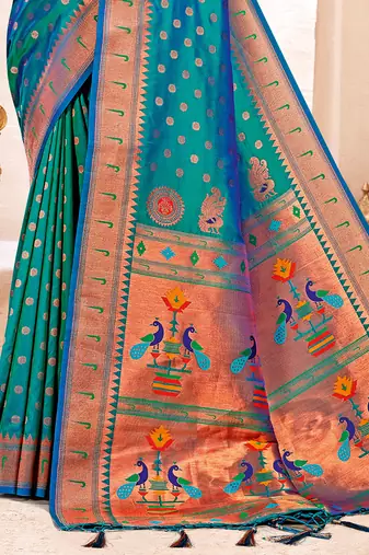 Sea green paithani silk blend saree with peacock motif pallu