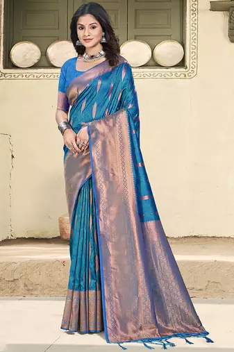 Teal blue silk blend saree with zari border and pallu