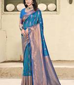 Teal blue silk blend saree with zari border and pallu