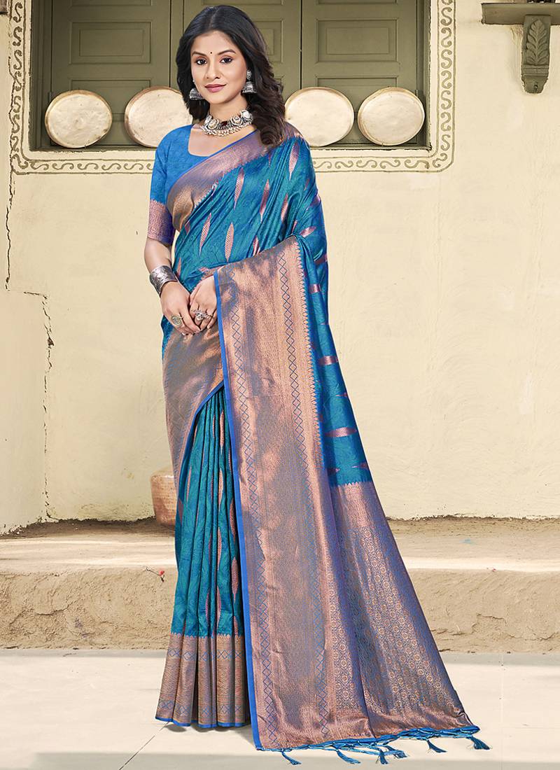 Teal blue silk blend saree with zari border and pallu