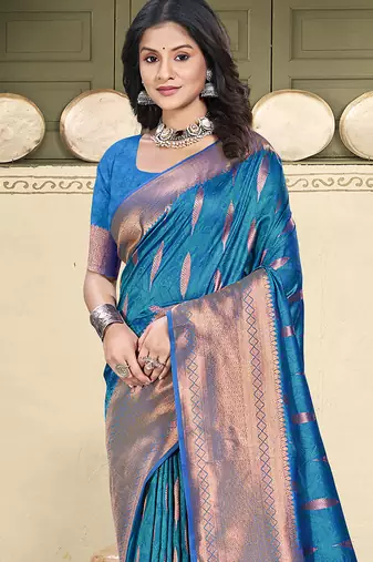 Teal blue silk blend saree with zari border and pallu