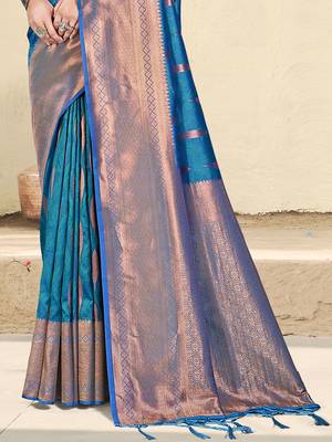 Teal blue silk blend saree with zari border and pallu 3