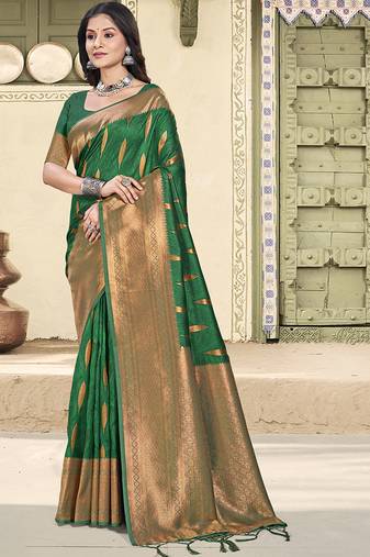 Bottle green silk blend saree with zari border and pallu