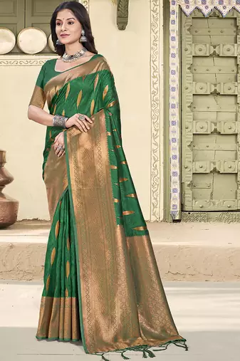 Bottle green silk blend saree with zari border and pallu