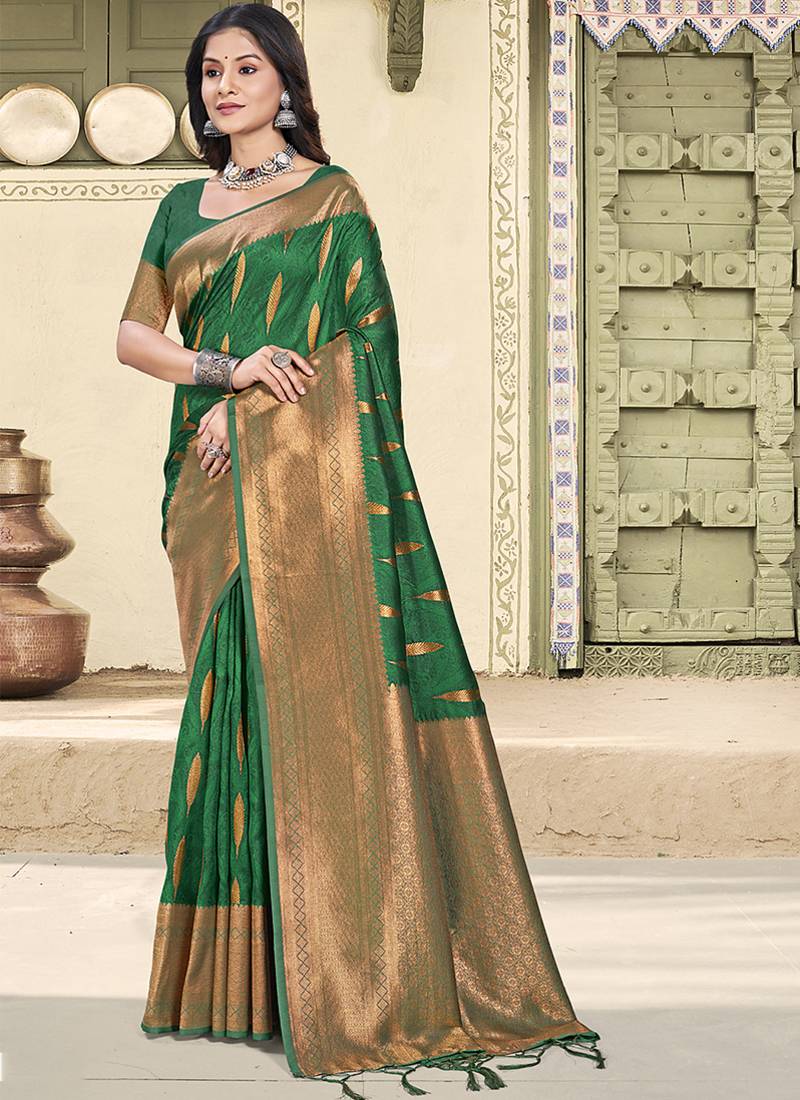 Bottle green silk blend saree with zari border and pallu
