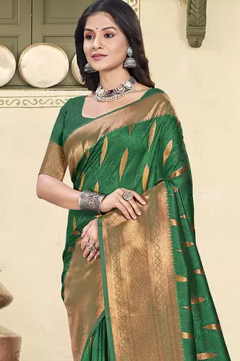 Bottle green silk blend saree with zari border and pallu