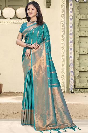Turquoise silk blend saree with zari border and pallu