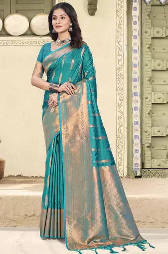 Turquoise silk blend saree with zari border and pallu
