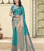 Turquoise silk blend saree with zari border and pallu