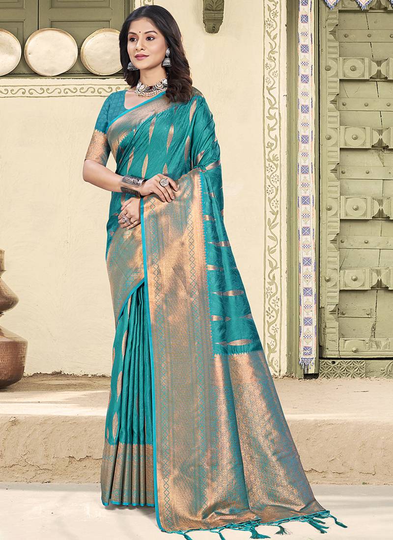 Turquoise silk blend saree with zari border and pallu
