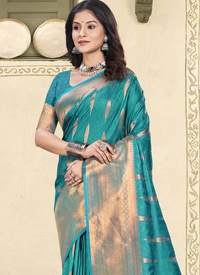 Turquoise silk blend saree with zari border and pallu 2