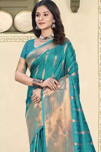 Turquoise silk blend saree with zari border and pallu