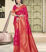Rani pink silk blend saree with zari border and pallu