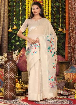cream cotton blend saree with multi-color floral embroidery 1