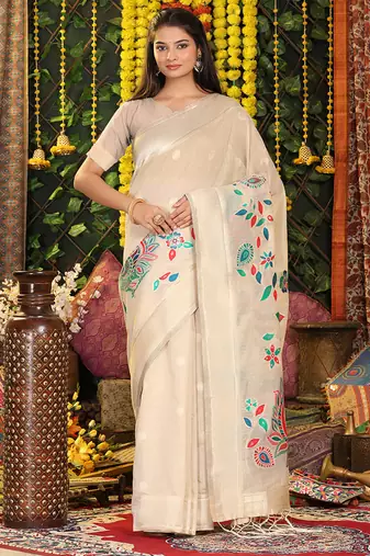 cream cotton blend saree with multi-color floral embroidery