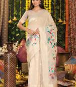 cream cotton blend saree with multi-color floral embroidery