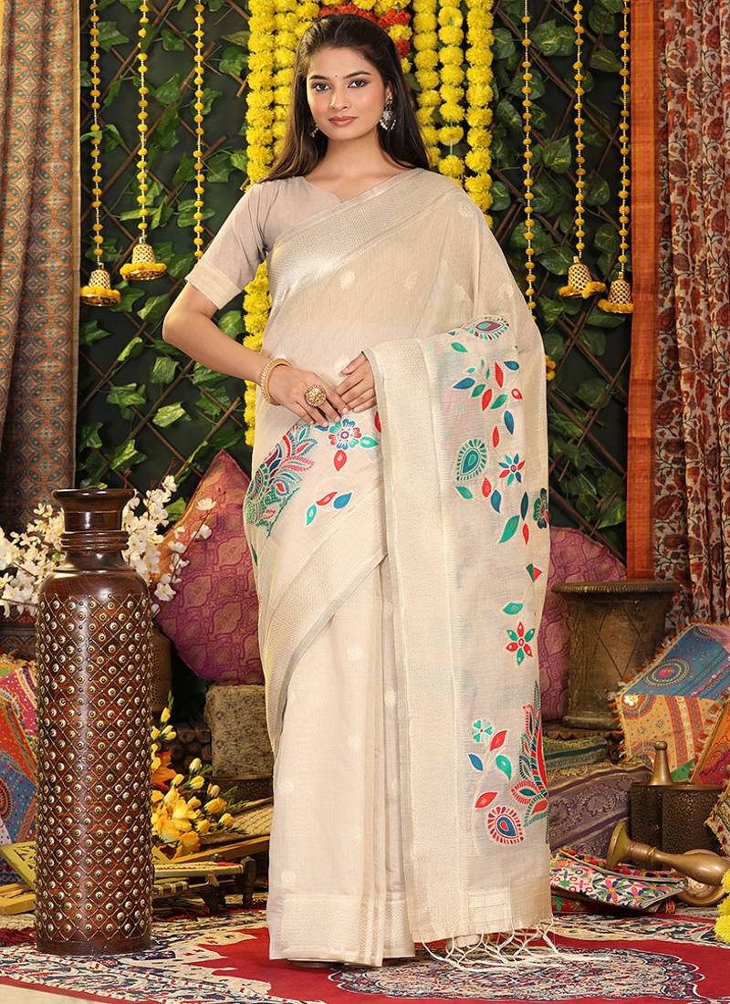 cream cotton blend saree with multi-color floral embroidery