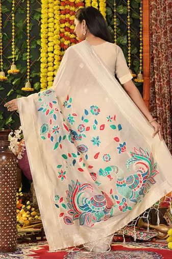 cream cotton blend saree with multi-color floral embroidery