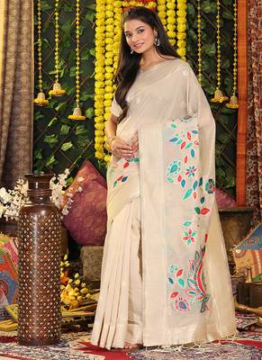 cream cotton blend saree with multi-color floral embroidery 3